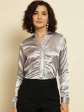 TRENDARREST Grey Satin Gathered Shirt