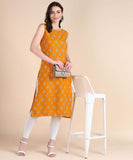 Women's Sleeveless Boat Neck Solid Casual Fancy Long Kurtis